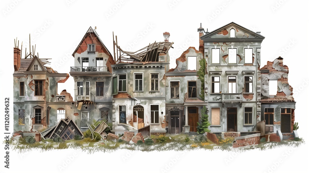 Set of destroyed houses in urban ruins, cut out Set of destroyed houses in urban ruins, cut out
