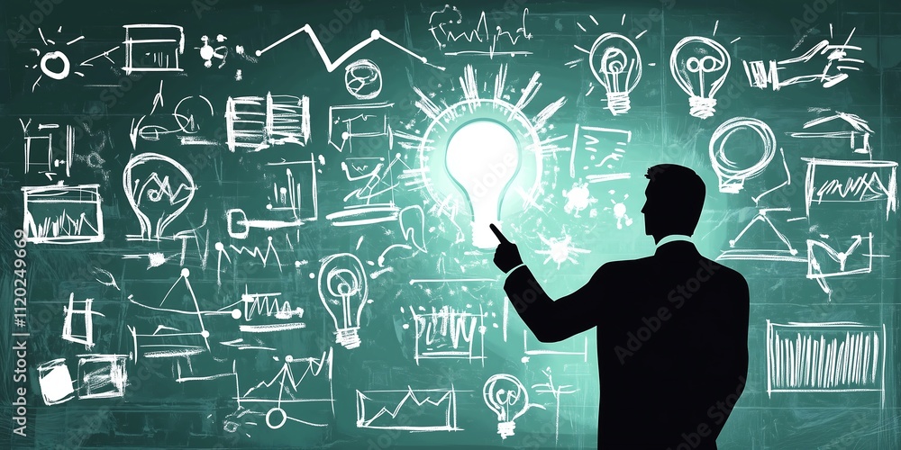 Silhouette of a businessman pointing at a glowing light bulb amidst creative sketches and data visuals. Silhouette of a businessman pointing at a glowing light bulb amidst creative sketches and data visuals.