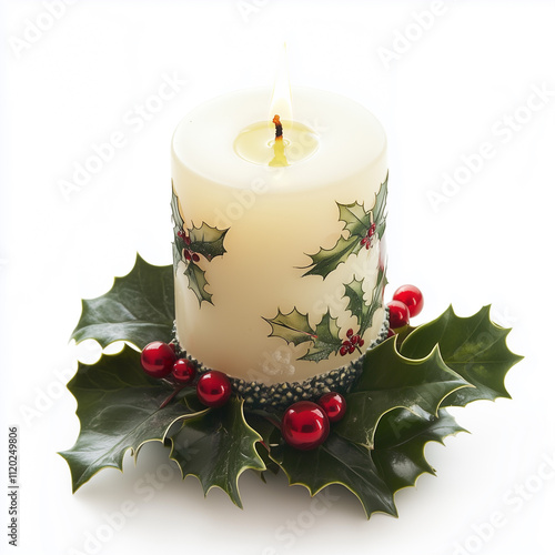 Candle with holly and mistletoe isolated on a white background