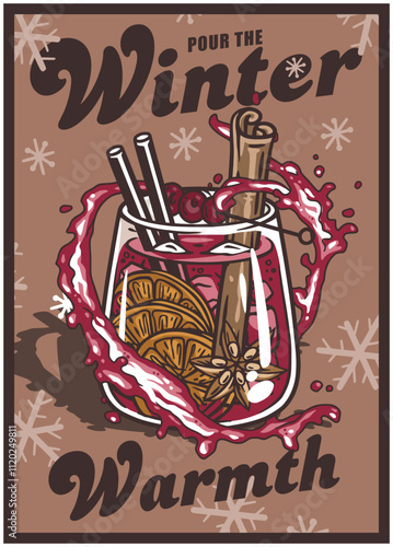 Overflowing glass of mulled wine or sangria splashing festive red contents, garnished with cinnamon sticks, orange slices, cranberries, and star anise against a snowy backdrop