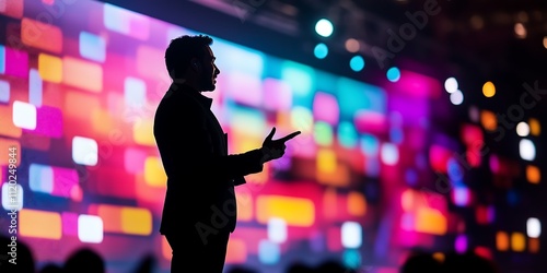 A male speaker silhouetted against a vibrant, colorful background during a dynamic presentation.