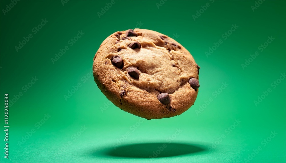 A chocolate chip cookie floating on a vibrant green background, creating a fun and playful visual effect. A chocolate chip cookie floating on a vibrant green background, creating a fun and playful visual effect.