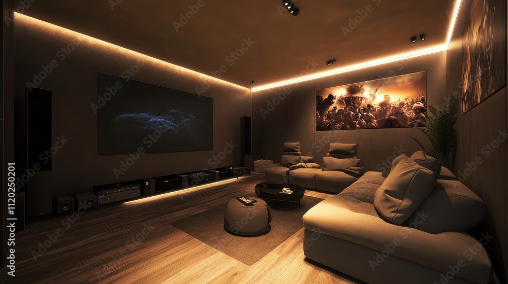 A sleek surround sound setup in a minimalistic living room for cinematic experiences A sleek surround sound setup in a minimalistic living room for cinematic experiences