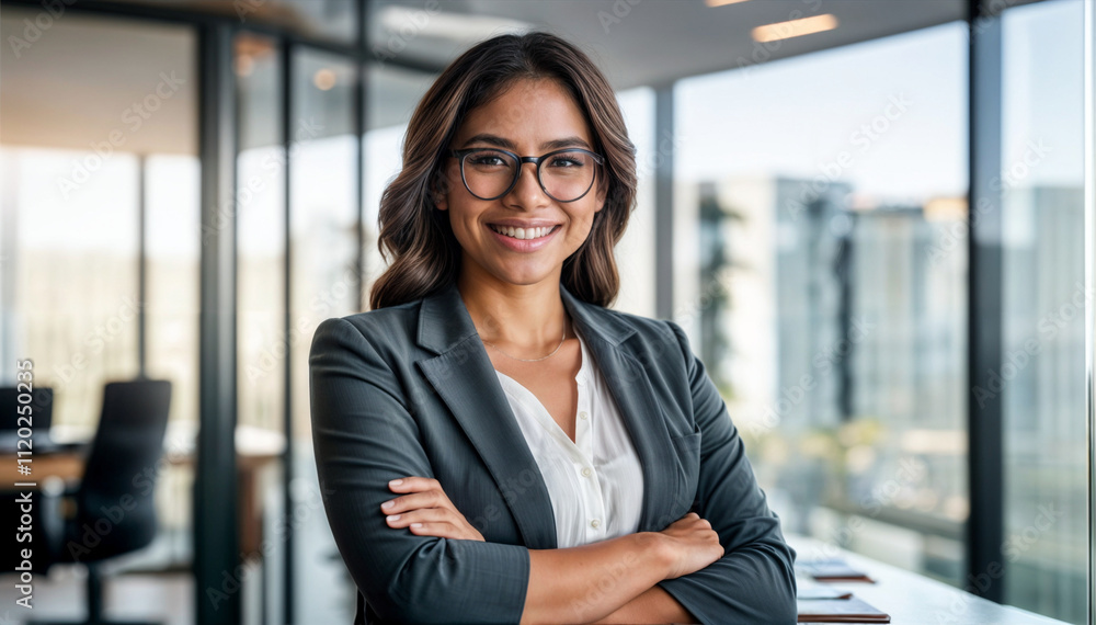 Portrait of smiling businesswoman with crossed arms in modern office Portrait of smiling businesswoman with crossed arms in modern office