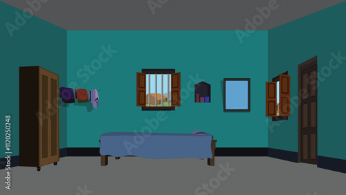 interior of a room with simple wooden bed,window,cupboard,door,mirror,wall niche.Indian village house inside house design vector illustration