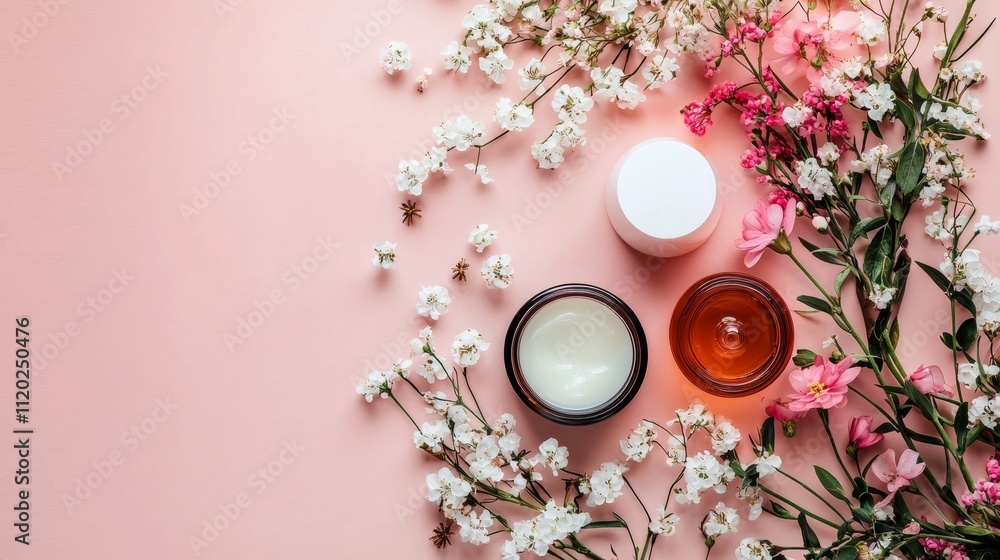 Floral skincare products on pastel pink background Floral skincare products on pastel pink background