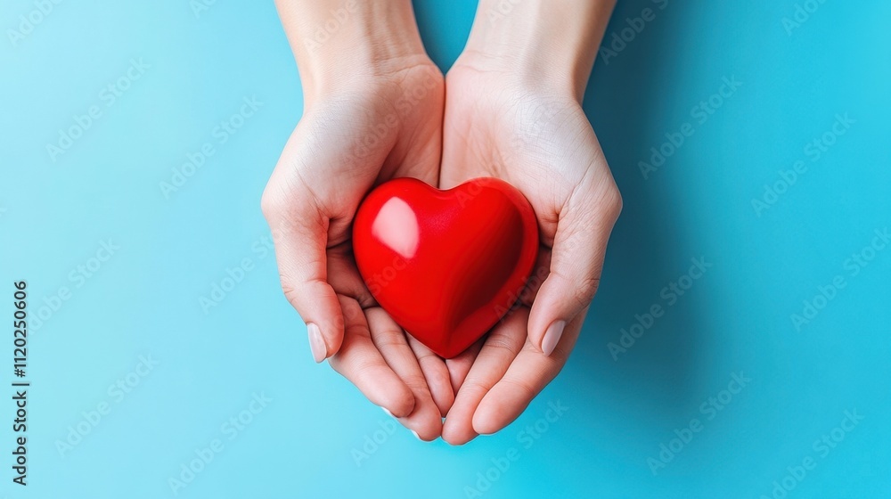 United in Saving Lives: World Blood Donor Day Hands Holding Red Heart on Pastel Blue Background United in Saving Lives: World Blood Donor Day Hands Holding Red Heart on Pastel Blue Background