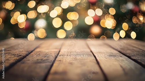 Similar to the previous prompt, featuring an empty wooden table with a festive, out-of-focus Christmas backdrop.