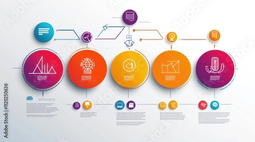 Colorful circular infographic showing a process or workflow with icons and connecting lines.