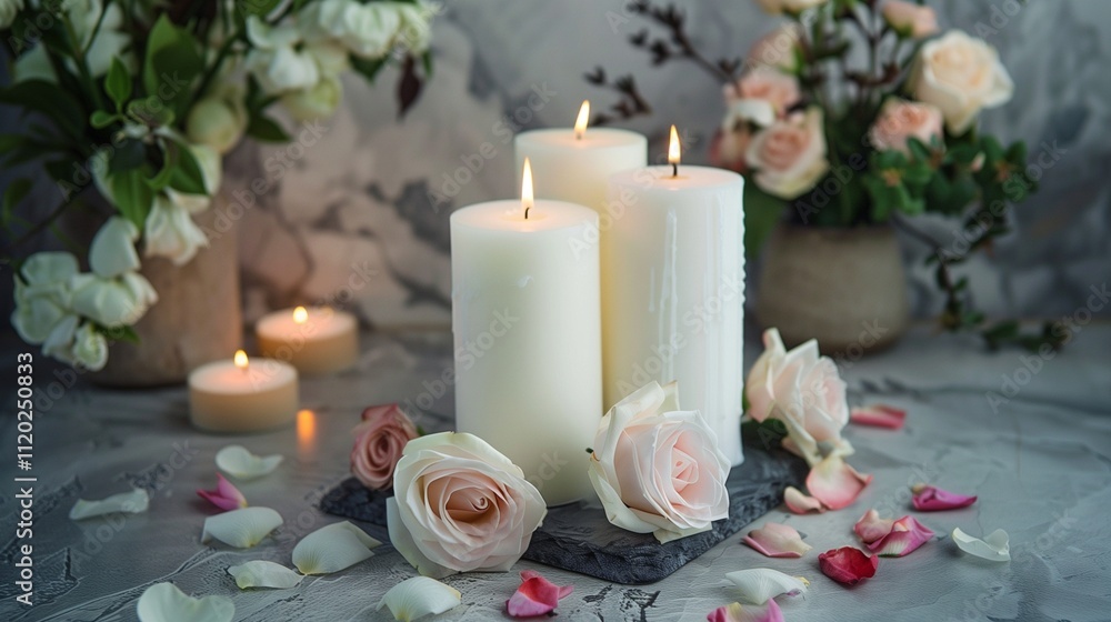 White candles with roses and flowers petals, funeral memrial, sympathy and condolences card, death notice White candles with roses and flowers petals, funeral memrial, sympathy and condolences card, death notice