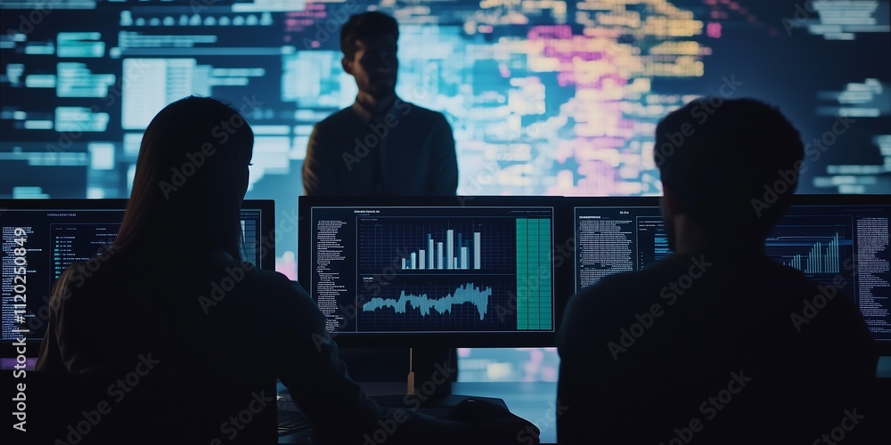 A focused teamwork session with two individuals analyzing data on monitors while a presenter speaks in the background. A focused teamwork session with two individuals analyzing data on monitors while a presenter speaks in the background.