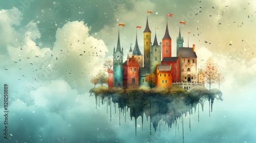 Fantasy floating island castle town in sky. photo