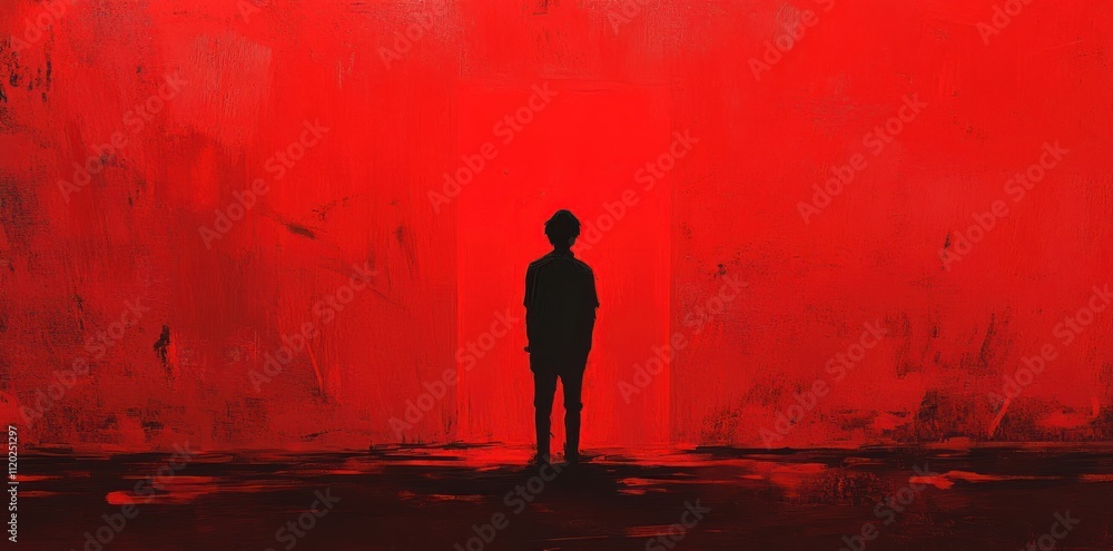 A lone figure stands before a red textured wall A lone figure stands before a red textured wall