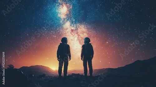 Two astronauts gaze at a vibrant Milky Way galaxy over a scenic landscape at sunset.
