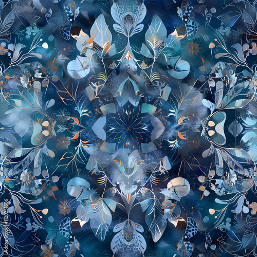 Enchanting Floral Abstraction Merged with Geometric Intricacies in Tranquil Shades of Blue photo