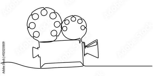 Continuous one line drawing of a retro cinema camera. Vintage cinema camera isolated on a white background. Vector illustration, Continuous line drawing from video camera, Continuous one line drawing.