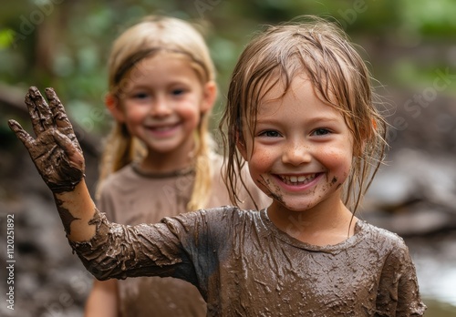 A photo of two young children playing in the mud, covered from head to toe with dark brown wet dirt. The girl on foreground is smiling and waving at camera while she stands next her friend. photo