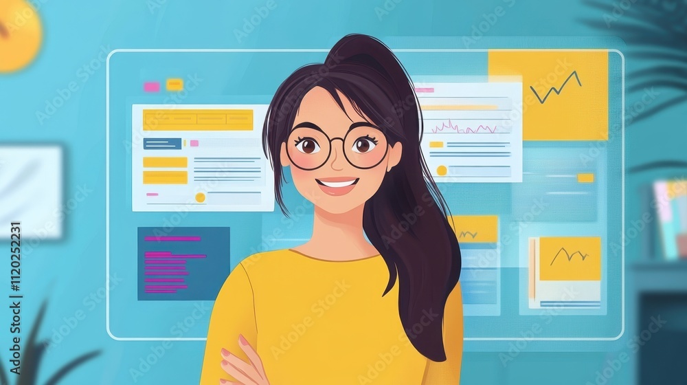 Smiling businesswoman with glasses standing confidently in a modern office environment next to digital graphs and data analysis displays Smiling businesswoman with glasses standing confidently in a modern office environment next to digital graphs and data analysis displays