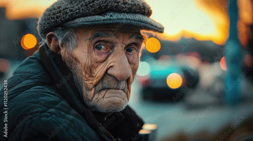 Elderly man reflects on life during twilight in a bustling city Elderly man reflects on life during twilight in a bustling city
