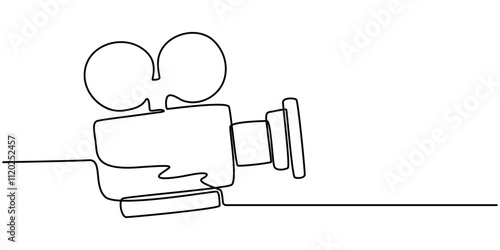 Continuous one line drawing of a retro cinema camera. Vintage cinema camera isolated on a white background. Vector illustration, Continuous line drawing from video camera, Continuous one line drawing.