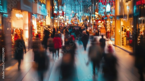 Blurred shoppers stroll through a vibrant, festive night market.