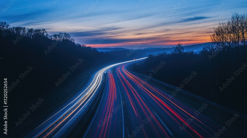 Blank billboard beside a busy highway at dusk, car headlights streaking through the scene, ideal for a high-visibility campaign Blank billboard beside a busy highway at dusk, car headlights streaking through the scene, ideal for a high-visibility campaign