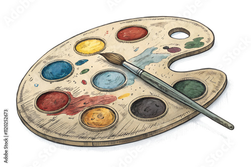 antique oil painting palette with smudges of vibrant colors engraving color sketch illustration