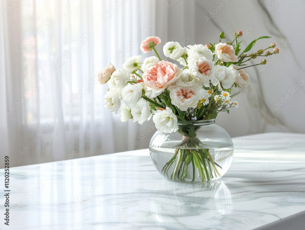 Elegant Floral Arrangement in Glass Vase on Marble Table Elegant Floral Arrangement in Glass Vase on Marble Table
