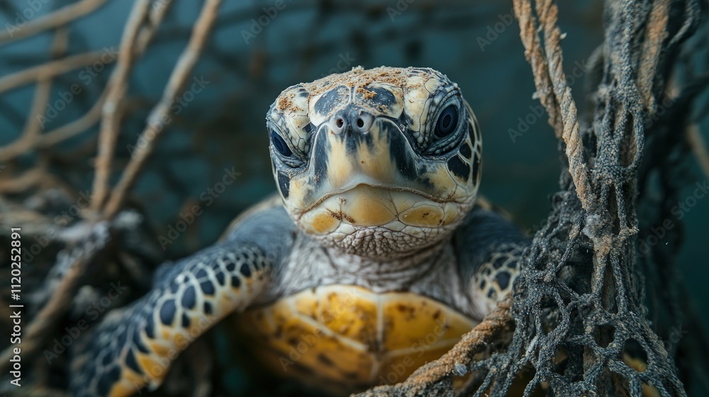 Close-up of a baby sea turtle entangled in fishing net. Close-up of a baby sea turtle entangled in fishing net.