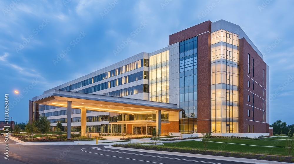 custom made wallpaper toronto digitalModern multi-story building with large glass windows and landscaped entrance.