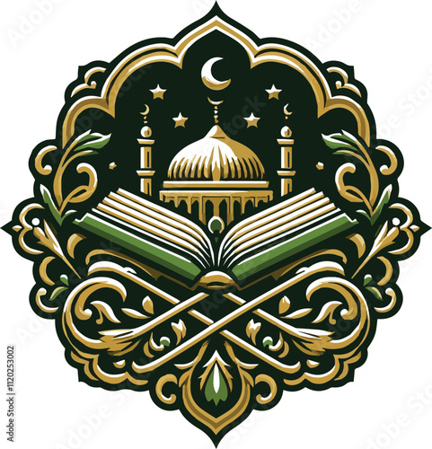 Ornate Islamic logo, gold-colored open book resting 