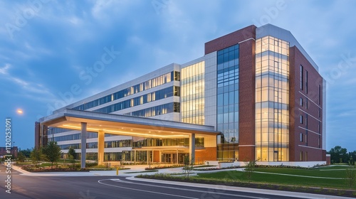 Wallpaper Mural Modern multi-story building with large glass windows and landscaped entrance. Torontodigital.ca