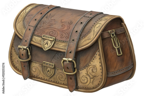 antique saddlebag with worn leather and brass buckles engraving color sketch illustration photo