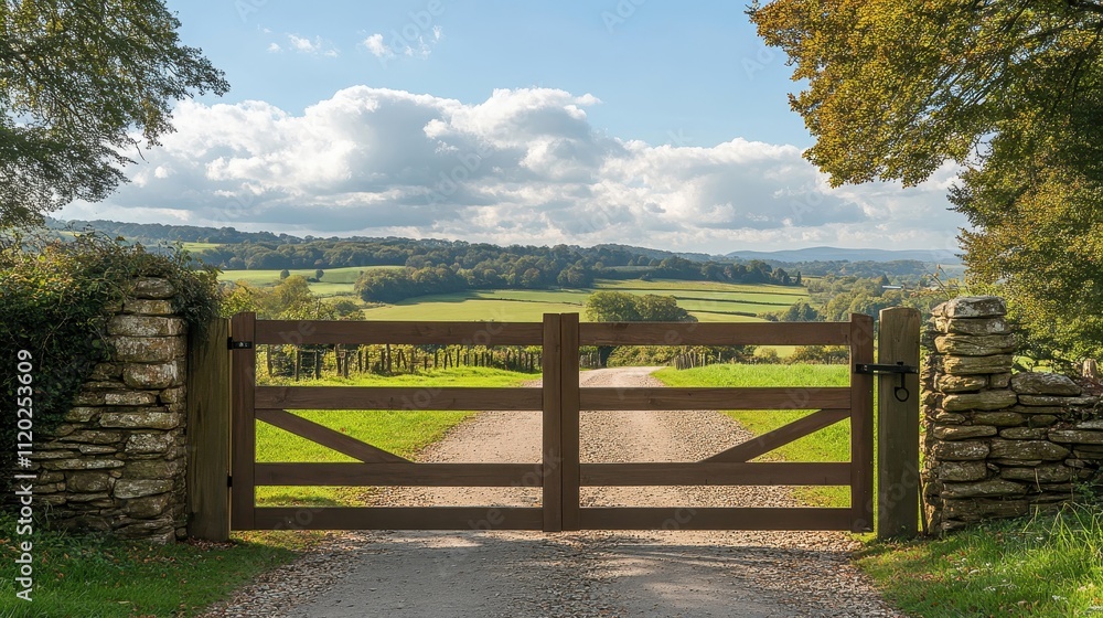 Serene Country Gate Under Blue Sky and Rolling Hills Serene Country Gate Under Blue Sky and Rolling Hills