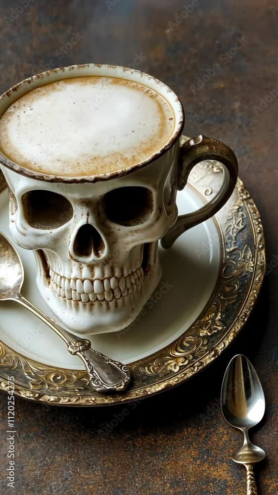Skull-shaped cup filled with latte art on ornate plate with silver spoon at a rustic table Skull-shaped cup filled with latte art on ornate plate with silver spoon at a rustic table