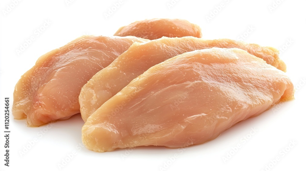 Raw chicken breast fillets arranged on a white background, showcasing their smooth texture and pale pink color, ideal for various culinary preparations. Raw chicken breast fillets arranged on a white background, showcasing their smooth texture and pale pink color, ideal for various culinary preparations.