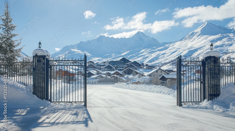 Snowy Mountain Landscape with Elegant Gates Snowy Mountain Landscape with Elegant Gates