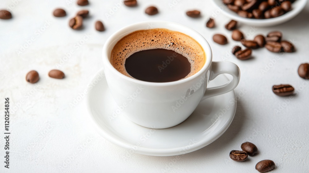 Classic Coffee Cup and Aromatic Beans Setup on Clean Background for Inviting Vibes Classic Coffee Cup and Aromatic Beans Setup on Clean Background for Inviting Vibes