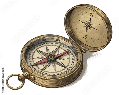 old compass with a worn brass finish engraving color sketch illustration