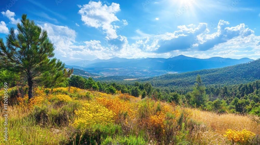 Scenic Mountain Landscape with Wildflowers and Forest Under Sunny Blue Sky Scenic Mountain Landscape with Wildflowers and Forest Under Sunny Blue Sky