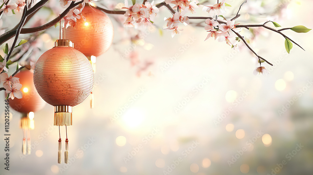 Obraz premium Chinese New Year fills the air with a festive mood vibrant lanterns fireworks and joy celebrating heritage with red envelopes. Festive Lanterns and Blossoms Welcoming New Year Joy