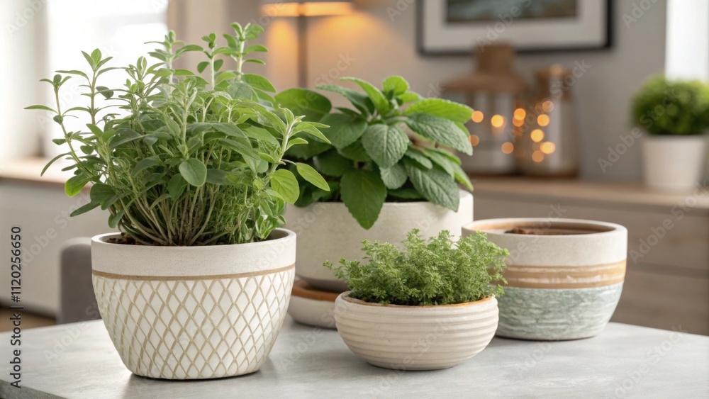 Fototapeta premium Clusters of oregano and sage nestled in chic ceramic pots infuse the space with their earthy scents harmonizing beautifully with the modern decor.