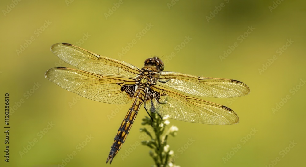 Golden dragonfly perched on green foliage in sunlight Golden dragonfly perched on green foliage in sunlight