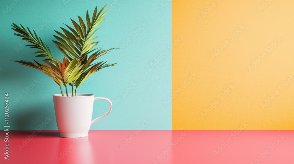 White mug with tropical leaves on colorful background White mug with tropical leaves on colorful background