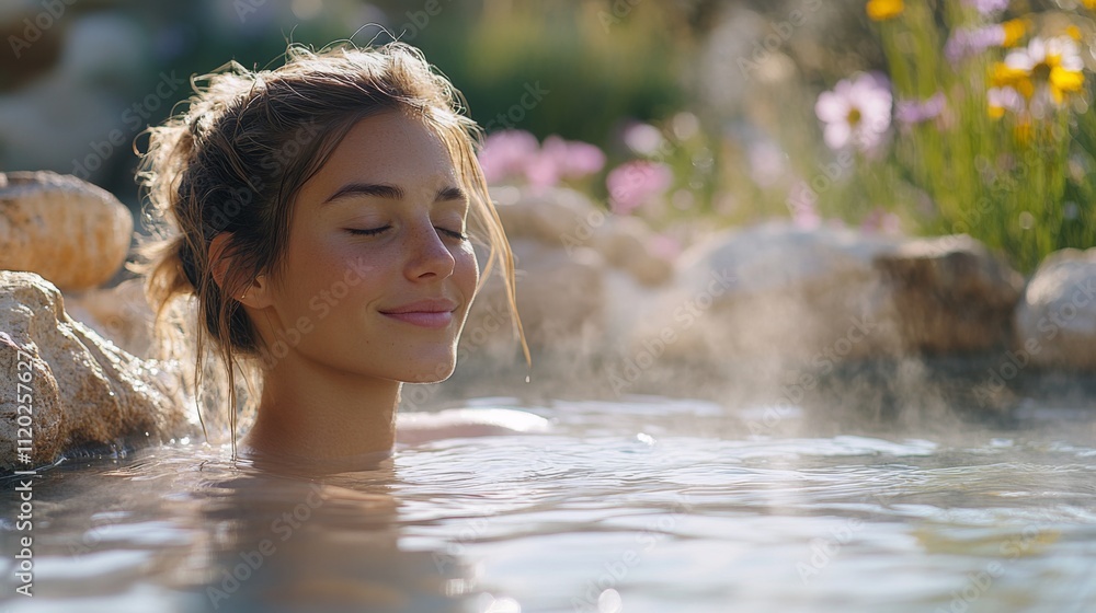 Obraz premium A woman with a serene expression delights in a warm soak in a natural hot spring. Colorful flowers bloom nearby, creating a tranquil atmosphere in nature.