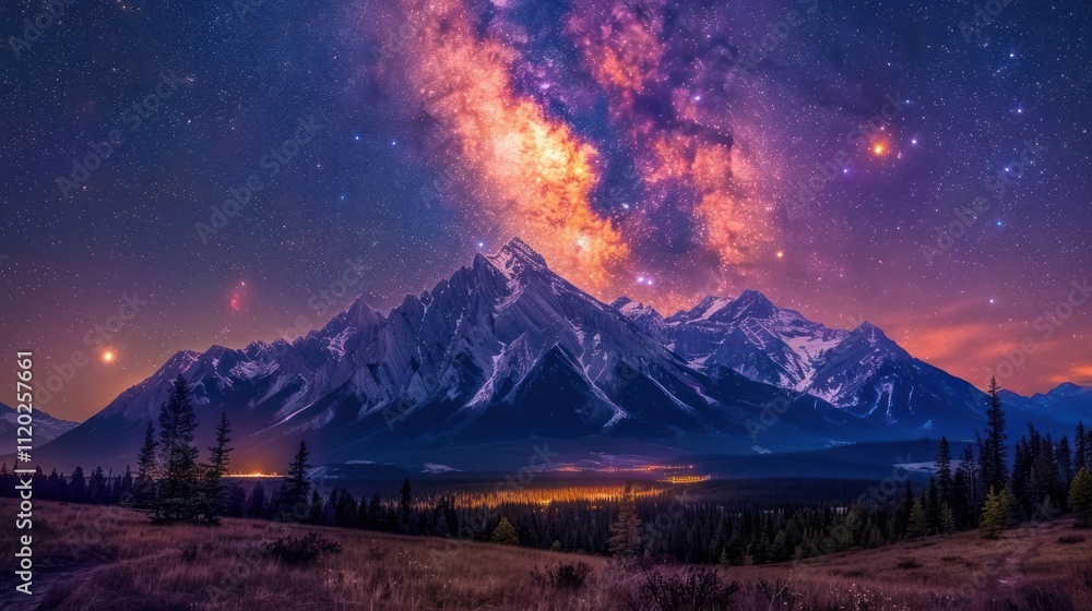 Majestic mountain range under vibrant, colorful night sky with Milky Way galaxy. Majestic mountain range under vibrant, colorful night sky with Milky Way galaxy.