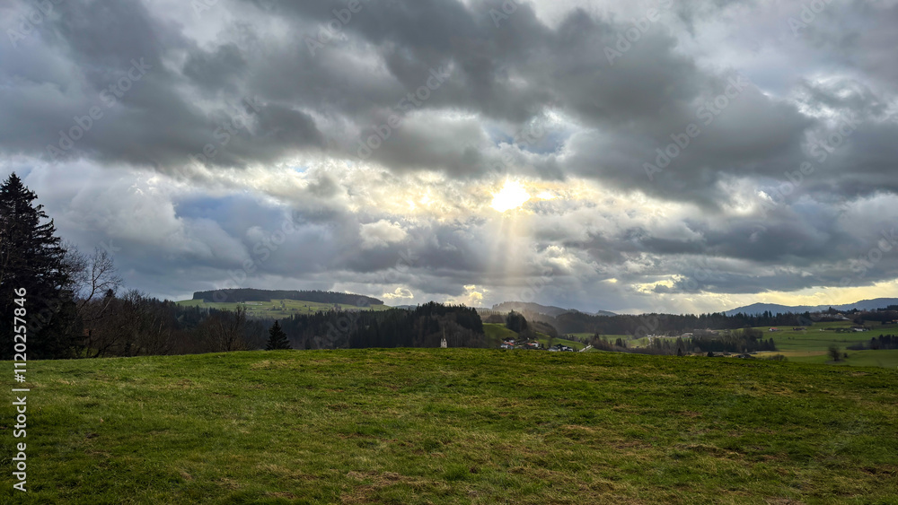 Obraz premium sky, clouds, nature, landscape, field, grass, weather, forest, green, thunderstorm, mountain, cloudscape, cloudy, trees, meadow