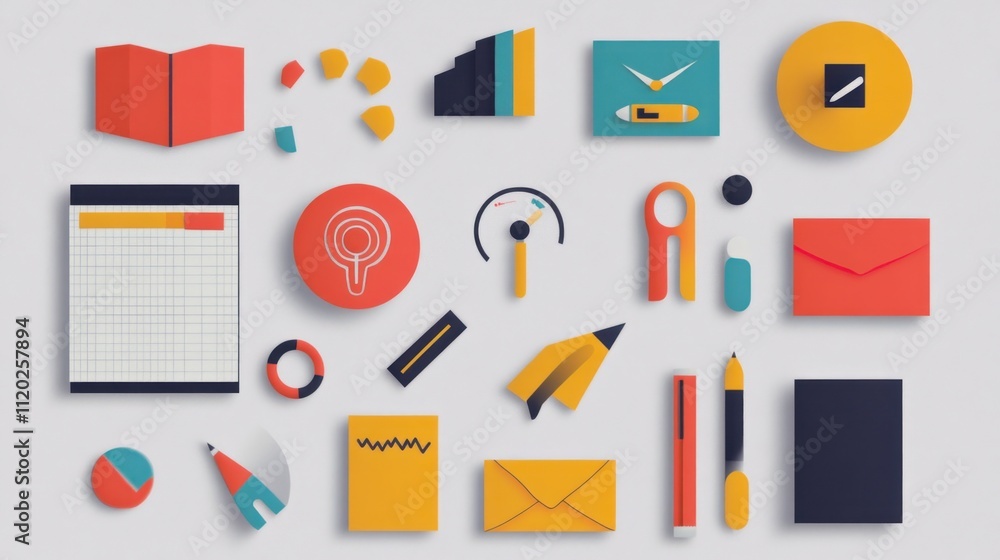 Flat lay of colorful stationery and office supplies icons. Flat lay of colorful stationery and office supplies icons.