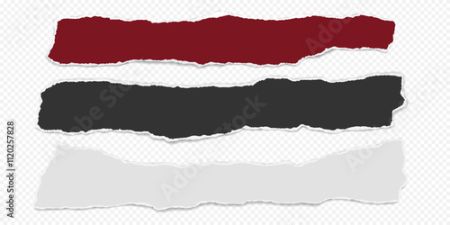 Red, black and white pieces of paper with torn edges and soft shadow are on transparent background for text or ad.