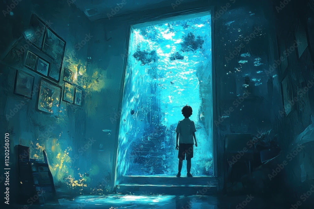 Child Gazes At Underwater City Through Magical Doorway Child Gazes At Underwater City Through Magical Doorway